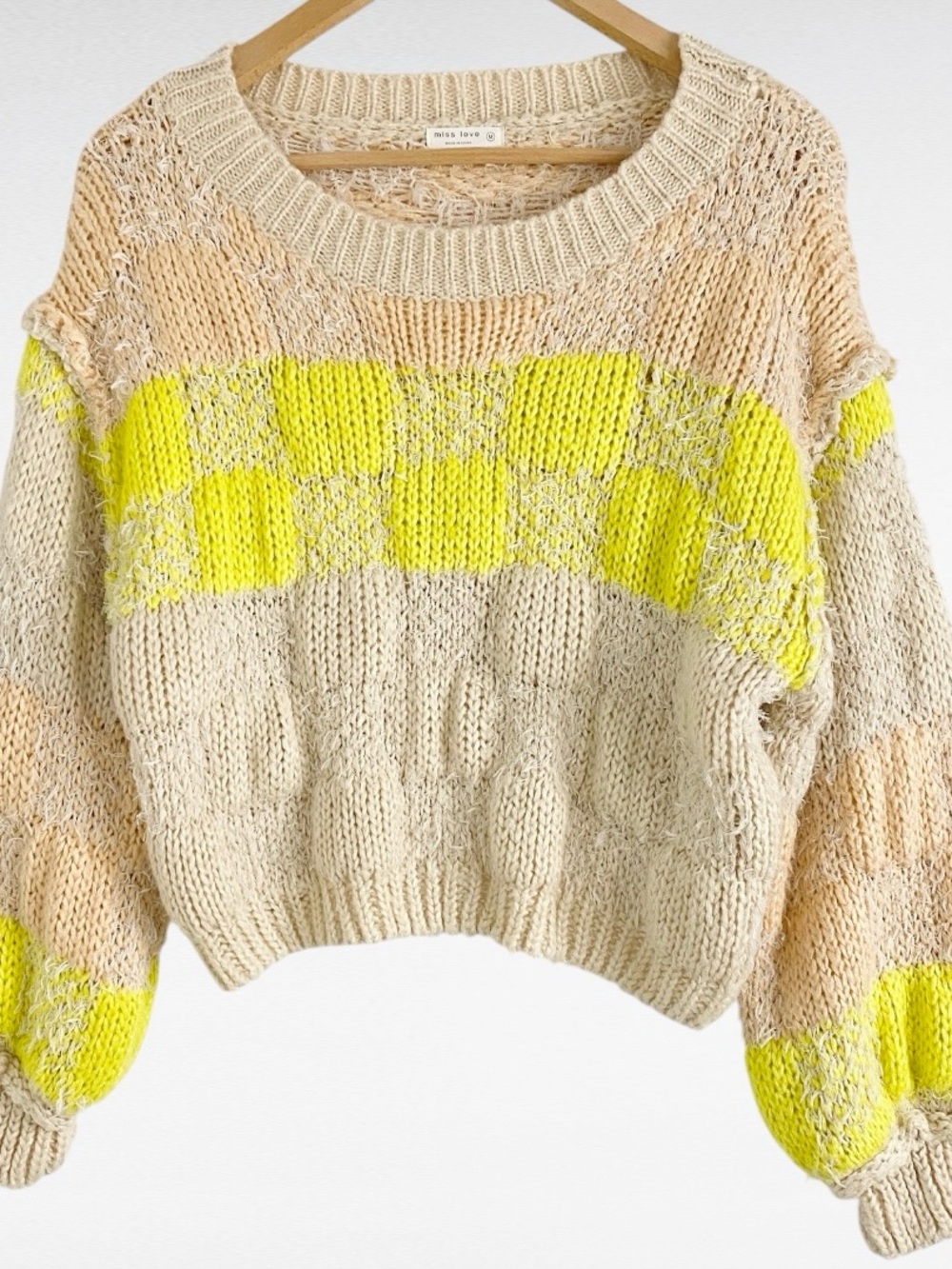 Miss Love Neon Checkerboard Cottagecore Chunky Knit Oversized Cozy Sweater